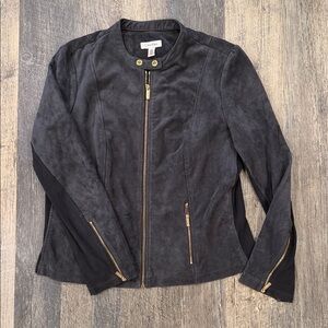 Calvin Klein Women's Dark Gray Suede Leather Jacket with Gold Zippers